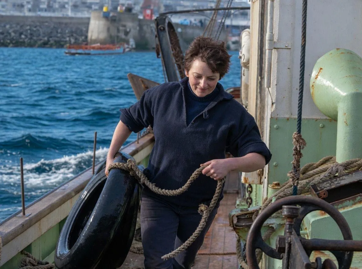 Uma pescadora de hoje a manobrar a bordo de um arrastão