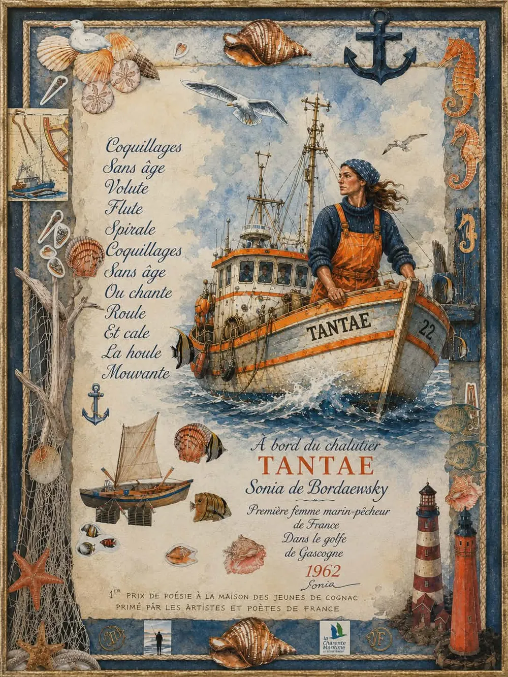 Prancha ilustrada do poema de Sonia de Borodaewsky a bordo do arrastão Tantaë