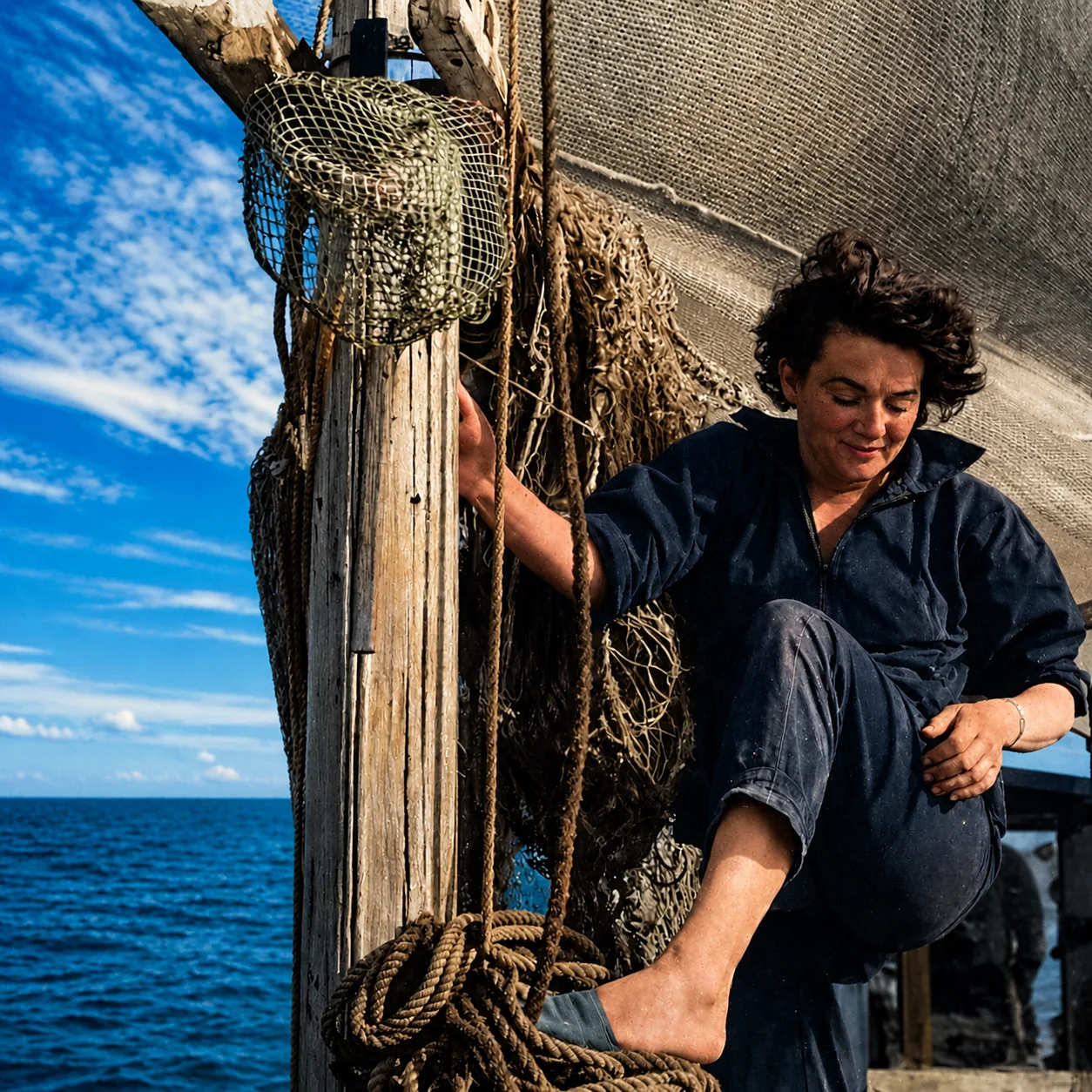 Evocação de uma pescadora na mastreação de um arrastão